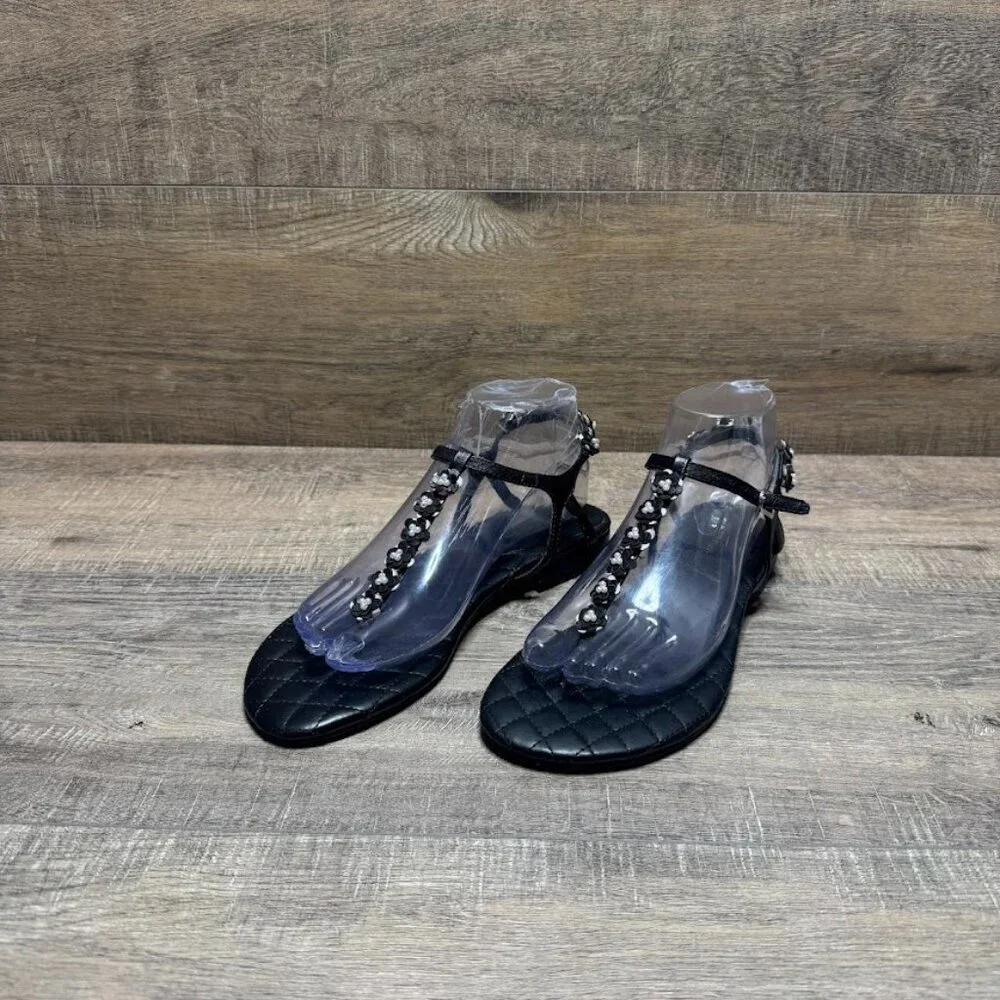 Marc Fisher Black Leather T Strap Embellished Sandal Women's Size 7.5